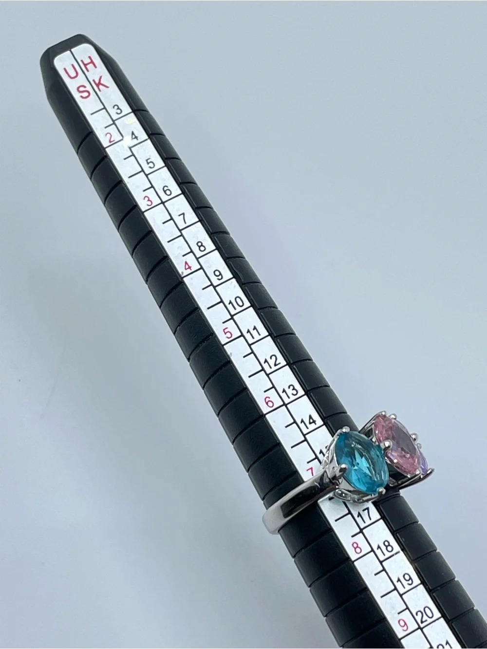 Swarovski Crystal Elements 3 Stone Silver Ring Pink Blue Purple Sz 7 Statement